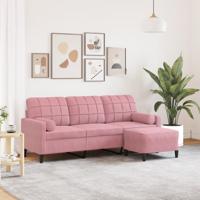 Driezitsbank met voetenbank 180 cm fluweel roze