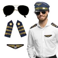 Carnaval verkleed set - pilotenpet - blauw - met epauletten/badge/zonnebril - heren/dames