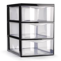 Ladeblokje/bureau organizer met 3x lades - transparant/zwart - L18 x B25 x H25 cm - plastic