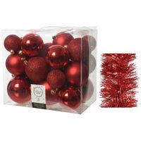 Kerstversiering kunststof kerstballen 6-8-10 cm met folieslingers pakket rood van 28x stuks