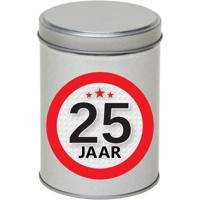 Cadeau Snoepblik - 25 jaar verjaardag - 9 x 13 cm - Cadeauverpakking- metaal - met leeftijd sticker