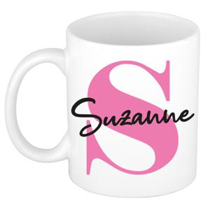 Naam mok Suzanne - roze - wit - keramiek - 300 ml - verjaardag/cadeau beker