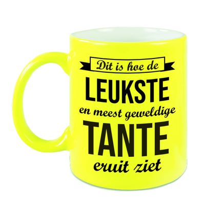 Leukste en meest geweldige tante cadeau mok / beker neon geel 330 ml - feest mokken Leukste en meest geweldige tante cadeau mok / beker neon geel 330 ml - feest mokken