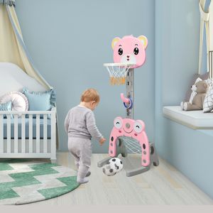 Basketbalring-Standaard 3-In-1 Verstelbare Basketbalstand met Score Voetbaldoel Ringgooi-Speelset Basketbal en Voetbal Roze