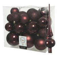 Set van 26x stuks kunststof kerstballen incl. glazen piek glans mahonie bruin - thumbnail