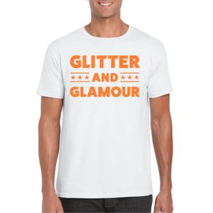 Bellatio Decorations Verkleed T-shirt heren - glitter and glamour - wit - oranje glitter - carnaval 2XL  -