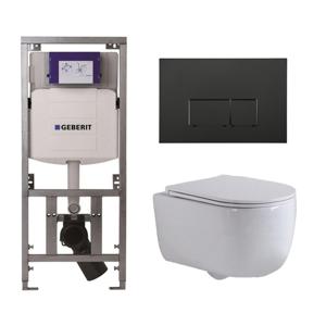 QeramiQ Dely Swirl Toiletset - 36.3x51.7cm - Geberit UP320 Burda inbouwreservoir - slim zitting - mat zwarte bedieningsplaat - rechthoekige knoppen - wit mat SW1000766/Sw1026257/0701131/SW706189