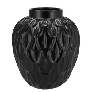 Bloemenvaas rond model - Boa - zwart - veren/schub relief - 23 x 23 x 25 cm - modern