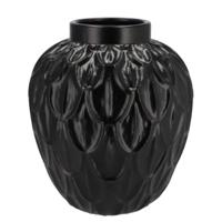 Bloemenvaas rond model - Boa - zwart - veren/schub relief - 23 x 23 x 25 cm - modern