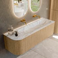 Mondiaz KURVE-DLUX 145 cm Onderkast Greeploos 1 Lade Met Deuren Oak, Wastafel Solid Surface Rechts Glace 0 Kraangaten Zonder Spiegel (KRVBGL145L1L1D0KR-Oak/Gla)