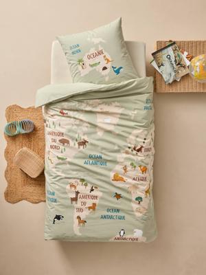 Bedovertrekset en kussensloop DIEREN WERELDREIS met gerecycled katoen saliegroen