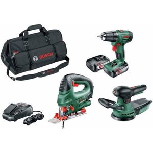 Pack 3 tools 18V accu BOSCH boormachine PSR 1800 LI-2 2 batterijen 2,5Ah + decoupeerzaag PST + excenterschuurmachine