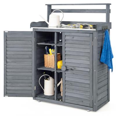 Houten Tuinkast Buitenkast met Metalen Werkblad 3 Haken Verwijderbare Planken Louvredeuren Oppottafel Buitenopbergmeubel Grijs