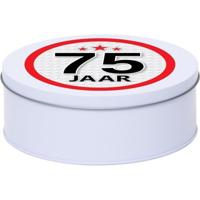 Leeftijd Snoeptrommel - koektrommel Cadeau - wit - rond blik - met 75 jaar sticker
