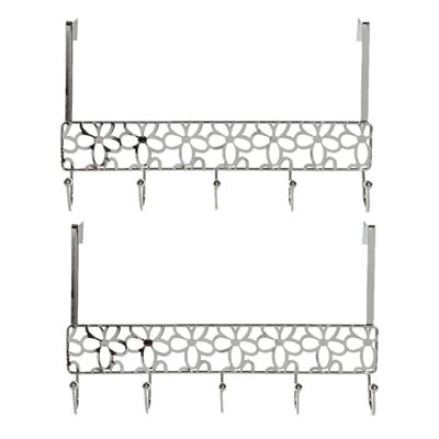 2x stuks deurhangers kapstok zilver met bloemenpatroon en 5 haken 32 cm