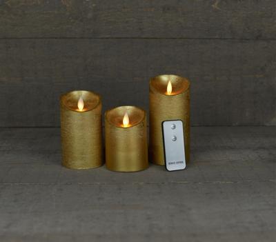 Batterijverlichting 3 kaarsen wax rustiek met bewegende vlam goud - Annas collection