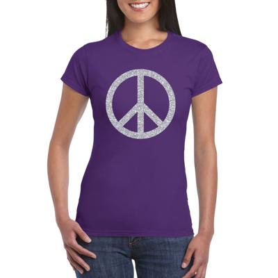 Flower Power Peace teken t-shirt - Paars - zilveren glitter - voor dames - Sixties - Hippie thema