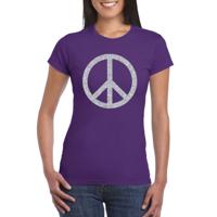 Flower Power Peace teken t-shirt - Paars - zilveren glitter - voor dames - Sixties - Hippie thema