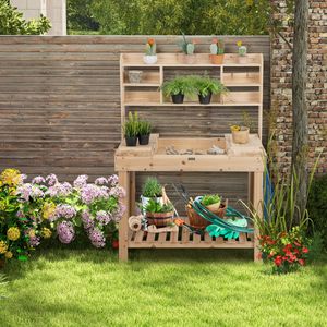 Plantentafel met Legplank Tuintafel van Hout met 3 Verdiepingen Lang Rek & Opklapbaar Tafelblad & 3 Haken Natuur