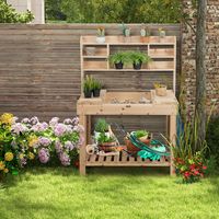 Plantentafel met Legplank Tuintafel van Hout met 3 Verdiepingen Lang Rek & Opklapbaar Tafelblad & 3 Haken Natuur