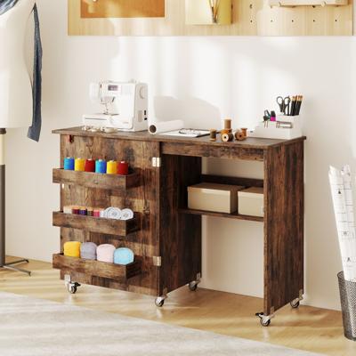 Vouwbare Naaitafel Rollende Knutselstation met Opbergvak 3 Verborgen Containers Mobiele Naaitafel 118,5 x 40 x 79,5 cm Bruin