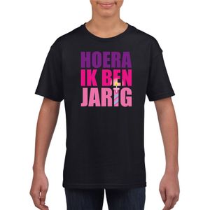 T-shirt zwart voor meisjes hoera ik ben jarig roze tekst