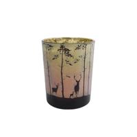 Diversen Theelichthouder forest hert in bos groen/rood glas 12.5x10x10cm