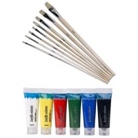 Set van 6 tubes acryl/hobby verf met 8 schilder penselen - thumbnail