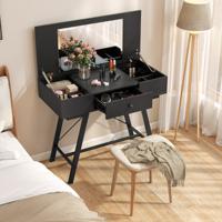 Make-up Tafel met Grote Spiegel & Oplaadstation & Klapdeksel & Lade Cosmeticatafel Zwart