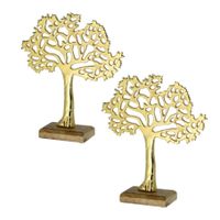 2x Stuks decoratie levensboom van aluminium op houten voet 30 cm goud