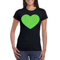 Verkleed T-shirt voor dames - hartje - zwart - groen glitter - carnaval/themafeest