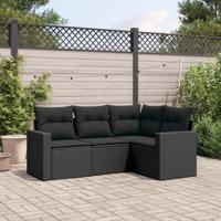 4-delige Loungeset met kussens poly rattan zwart