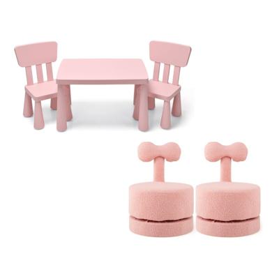 Set met Tafel en 2 Kinderstoelen en Fluwelen Krukjes Set met Tafel en Kinderstoelen en Voetenbankjes