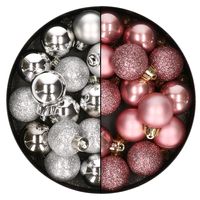 28x stuks kleine kunststof kerstballen velvet roze en zilver 3 cm - thumbnail