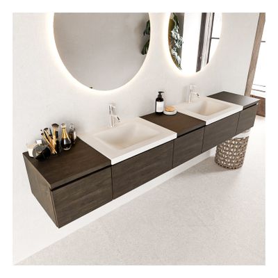 Mondiaz Bukla 240cm badmeubel met module 40 dark brown 5 lades met wastafel dubbel 2 kraangaten kleur talc