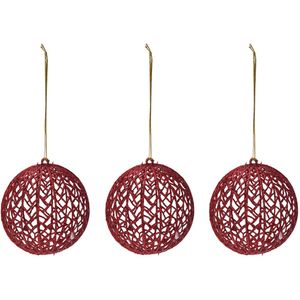 3x Rode glitter draad/rotan look kerstballen kunststof 9 cm