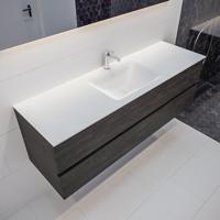 Mondiaz Vica Cloud badmeubel eiken donker bruin 150 cm 2 lades solid surface enkele spoelbak midden 1 kraangat - thumbnail