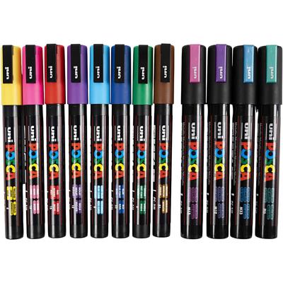 Uni-Posca Posca marker, afm pc-5m + pc-3m, lijndikte 0,9-1,3 + 2,5 mm, diverse kleuren, 12 div/ 1 doos