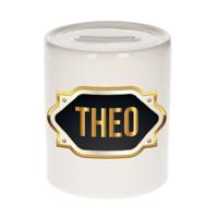 Spaarpot met voornaam Theo - wit - goud/zwart embleem - 8 x 9 cm - keramiek - afsluitdop