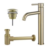 Fortifura Calvi Wastafelkraanset - verhoogde wastafelkraan - klikwaste plug - verlaagde design sifon - Geborsteld Messing PVD (Goud) SW720549/SW696202/SW696218