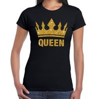 Zwart Koningsdag Queen shirt met gouden glitters en kroon dames - thumbnail