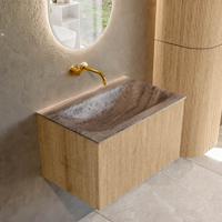 Badmeubel Mondiaz Kurve-Dlux | 70 cm | Meubelkleur Oak | Wastafelkleur Oza | Solid surface | Wasbak midden spoelbak | Zonder kraangat(en)