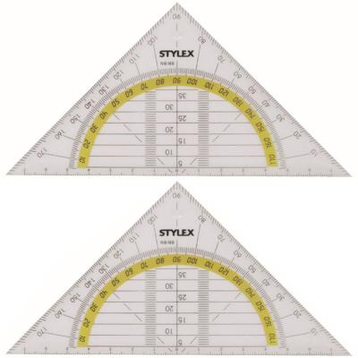 Stylex Geodriehoek - 2x - met liniaal en gradenboog - kunststof - 14 x 9 cm - wiskunde/school