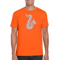 Zilveren saxofoon / muziek t-shirt / kleding oranje heren