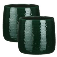 Plantenpot/bloempot - 2x - donkergroen - relief patroon - keramiek - D19/H17 cm