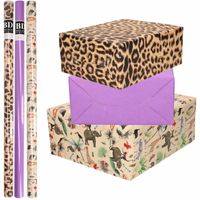 9x Rollen kraft inpakpapier jungle/panter pakket - dieren/luipaard/paars 200 x 70 cm