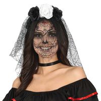 Halloween thema diadeem met bloemen en sluier - one size - zwart/wit - meisjes/dames - thumbnail