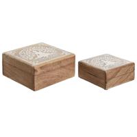 Doos-Juwelenkistje Home ESPRIT Wit Natuurlijk Mangohout 18 x 18 x 9 cm (2 Onderdelen)