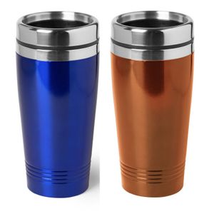 Set van 2x stuks Warmhoudbekers/warm houd bekers metallic oranje en blauw 450 ml