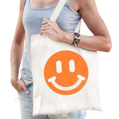 Cadeau tas voor dames - glitter Smile Emoticon - wit - katoen - 42 x 38 cm - Moederdag - verjaardag